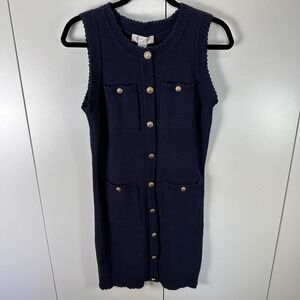 NWT Caroline Constas New York Sleeveless Button Front Knit Dress Small Navy Blue